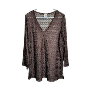 Faded Glory Swimwear Cover Up Size 1X Brown Lacey With Gold Thread Long Sleeves